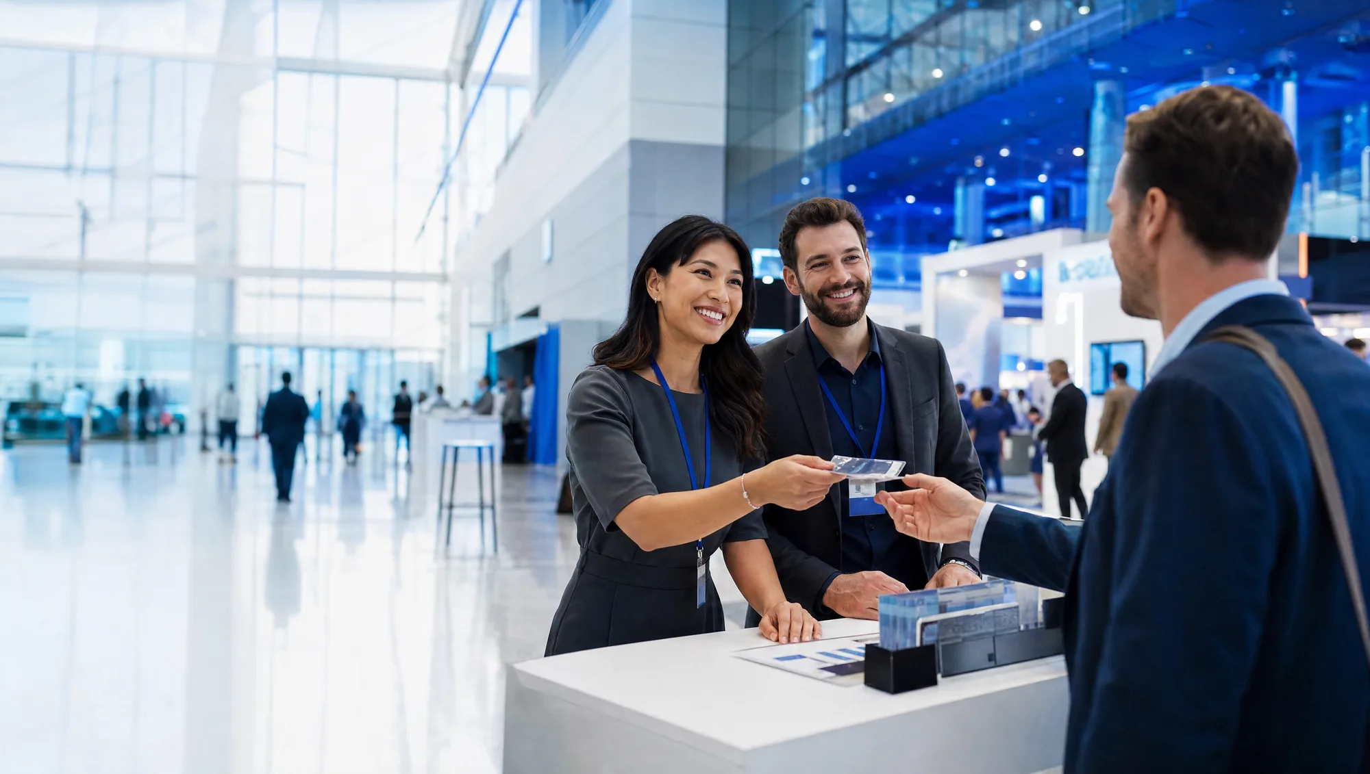 Illustrative scene: registration staff greet an attendee and hand over a badge in a modern conference hall