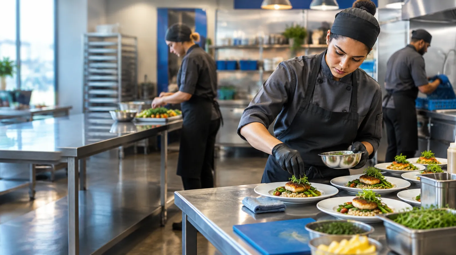 Illustrative scene: kitchen staff in aprons prepping and plating at stainless steel stations in a busy commercial kitchen